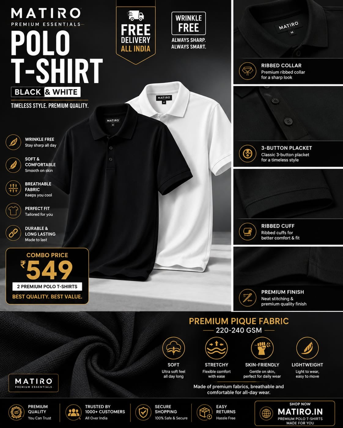 Wrinkle Free Black & White Combo T-Shirts