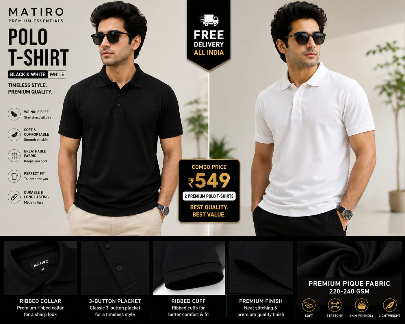 Wrinkle Free Black & White Combo T-Shirts