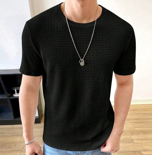 Men’s Black Short Sleeve Waffle Knit T-Shirt.